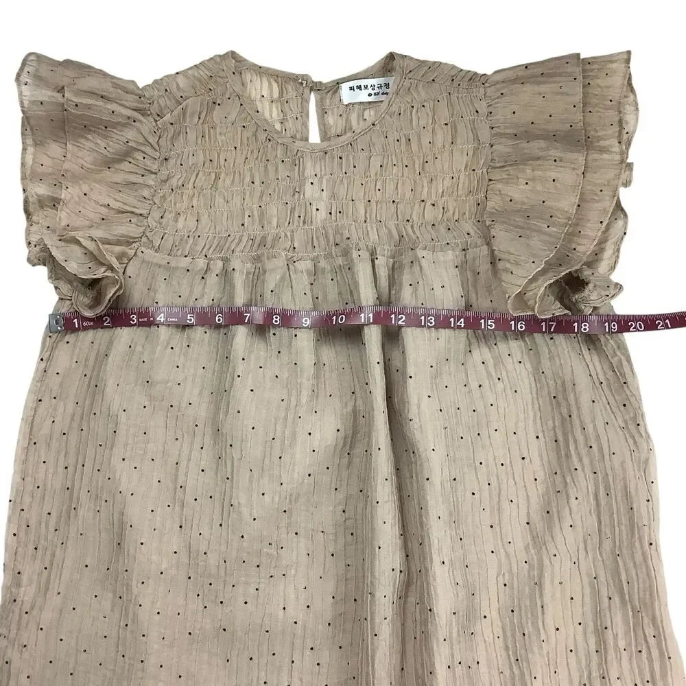 Women M Smocked Flutter Sleeve Mini Knee Dress Tan Dot Sheer Chifon Kawaii Fairy